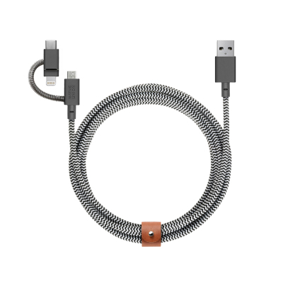 Native Union Belt Series 3-in-1 USB-A to Type-C - Lightning - Micro Charging Cable 2M Siyah-Beyaz
