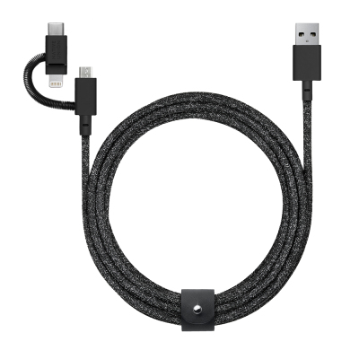 Native Union Belt Serisi 3in1 USB-A to Type-C - Lightning - Micro Şarj Kablosu 2M Siyah