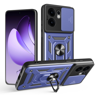 Oppo Reno 13F 5G Kılıf Magnetik Standlı Kamera Korumalı Zore Sürgülü Vega Kapak Mavi