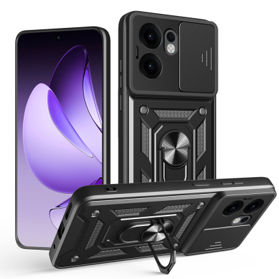 Oppo Reno 13F 5G Kılıf Magnetik Standlı Kamera Korumalı Zore Sürgülü Vega Kapak Siyah