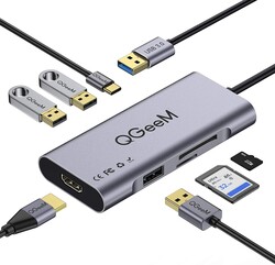 Qgeem QG-UH07-A Type-C Çoğaltıcı ve Dönüştürücü Hub Usb 3.0 HDMI 4K SD Kart 85W 5120Mbps Gri