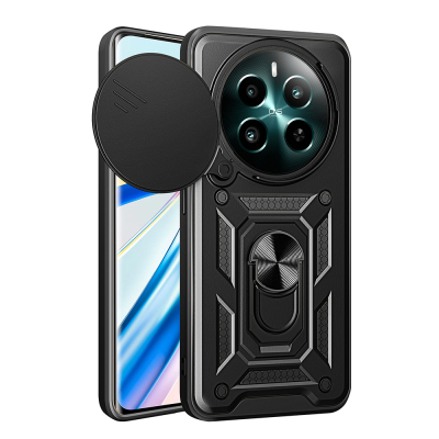 Realme 12 Plus Case with Magnetic Stand Camera Protection Zore Sliding Vega Cover Black