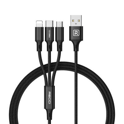 Recci RCS-D120 Fast Wind Series 3in1 USB-A to Lightning – Type-C – Micro Charging and Data Cable 1.2M Black