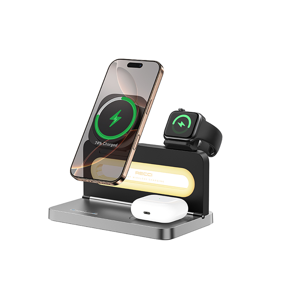 Recci RCW-49 Ambient Light Phone & Smart Watch & Headphone 15W 4in1 Wireless Charging Stand - 4