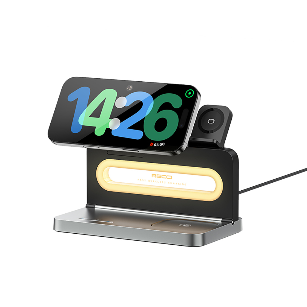 Recci RCW-49 Ambient Light Phone & Smart Watch & Headphone 15W 4in1 Wireless Charging Stand - 5