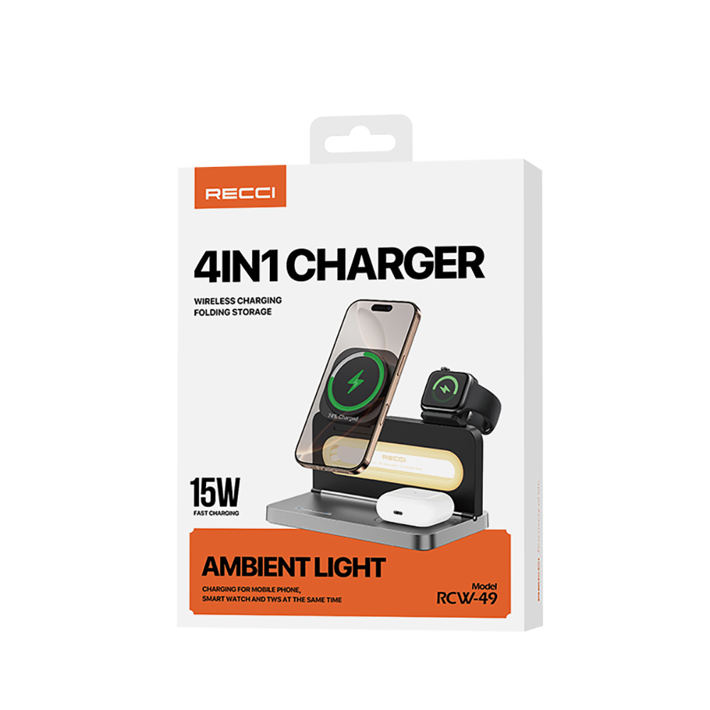 Recci RCW-49 Ambient Light Phone & Smart Watch & Headphone 15W 4in1 Wireless Charging Stand - 13