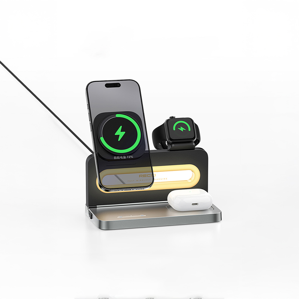 Recci RCW-49 Ambient Light Phone & Smart Watch & Headphone 15W 4in1 Wireless Charging Stand - 8