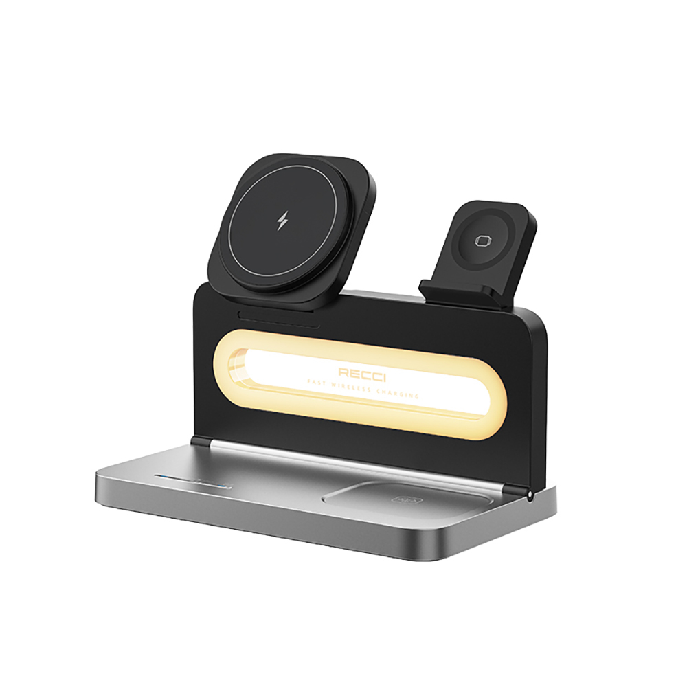 Recci RCW-49 Ambient Light Phone & Smart Watch & Headphone 15W 4in1 Wireless Charging Stand - 1
