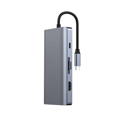 Recci RH09 9in1 Hub with Type-C to Type-C + SD/TF + USB3.0 + USB2.0 + HDMI + VGA + RJ45 Connection Grey