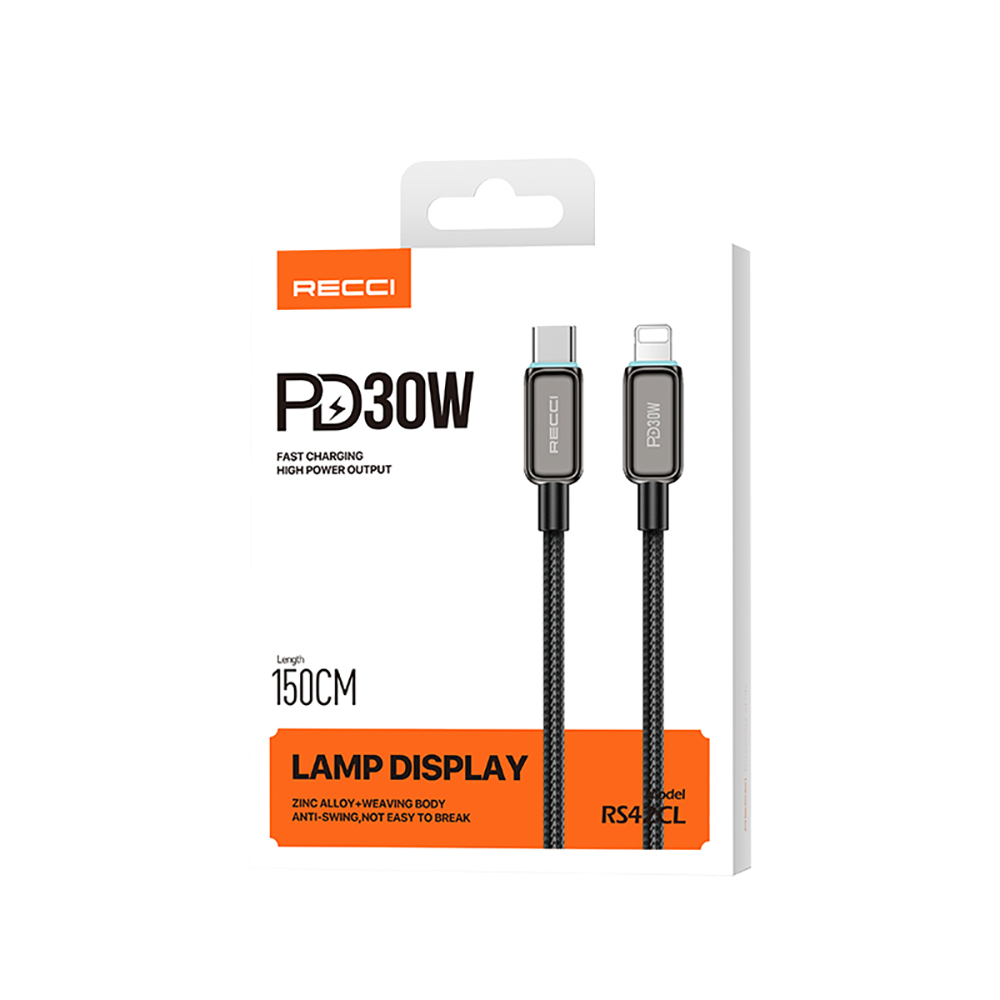 Recci RS42CL Lamp Display Series Type-C to Lightning PD 30W Fast Charging Data and Charging Cable 1.5M - 10