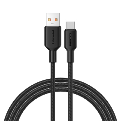 Recci RS46C USB-A to Type-C 2.4A Hızlı Şarj Özellikli Data ve Şarj Kablosu 100W 1.2M Siyah