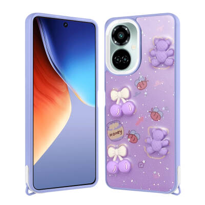 Tecno Camon 19 Kılıf Parlayan Simli Kabartma Figürlü Zore Cevze Kapak Mor Ayı