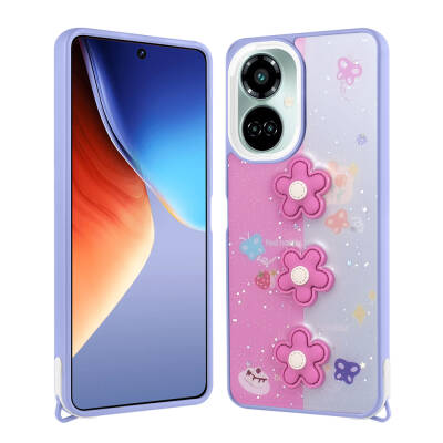Tecno Camon 19 Kılıf Parlayan Simli Kabartma Figürlü Zore Cevze Kapak Mor Papatya