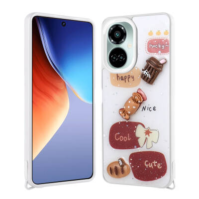 Tecno Camon 19 Kılıf Parlayan Simli Kabartma Figürlü Zore Cevze Kapak Beyaz