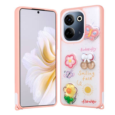 Tecno Camon 20 Kılıf Parlayan Simli Kabartma Figürlü Zore Cevze Kapak Pembe