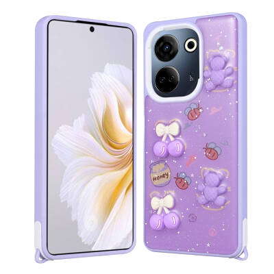 Tecno Camon 20 Kılıf Parlayan Simli Kabartma Figürlü Zore Cevze Kapak Mor Ayı