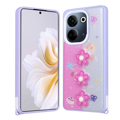 Tecno Camon 20 Kılıf Parlayan Simli Kabartma Figürlü Zore Cevze Kapak Mor Papatya
