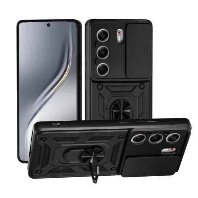 Tecno Camon 40 5G Kılıf Magnetik Standlı Kamera Korumalı Zore Sürgülü Vega Kapak Siyah