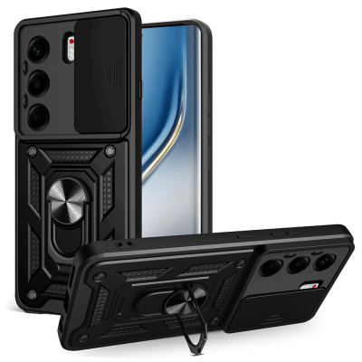 Tecno Camon 40 Pro 4G Kılıf Magnetik Standlı Kamera Korumalı Zore Sürgülü Vega Kapak Siyah