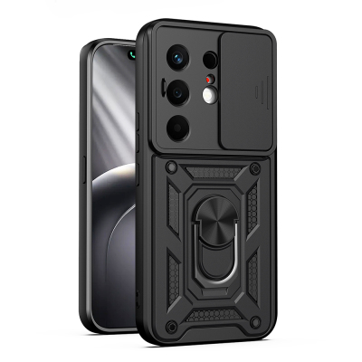 Tecno Camon 50 Kılıf Magnetik Standlı Kamera Korumalı Zore Sürgülü Vega Kapak Siyah