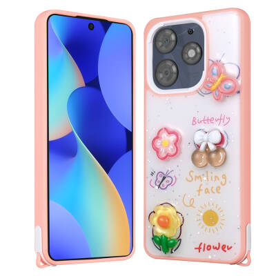 Tecno Spark 10 Pro Kılıf Parlayan Simli Kabartma Figürlü Zore Cevze Kapak Pembe