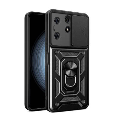 Tecno Spark 10 Pro Kılıf Magnetik Standlı Kamera Korumalı Zore Sürgülü Vega Kapak Siyah