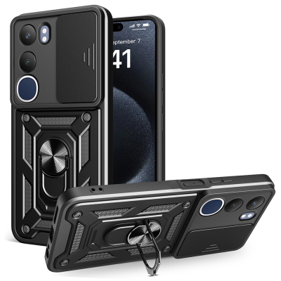 Vivo Y19S Kılıf Magnetik Standlı Kamera Korumalı Zore Sürgülü Vega Kapak Siyah