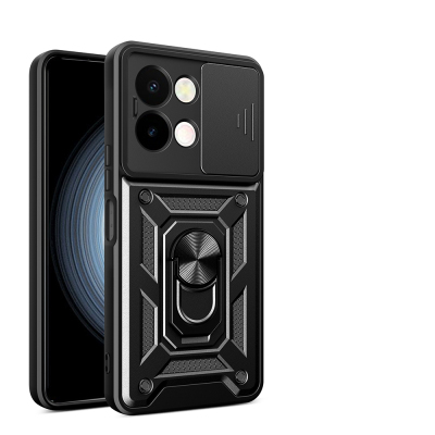 Vivo Y28 Kılıf Magnetik Standlı Kamera Korumalı Zore Sürgülü Vega Kapak Siyah