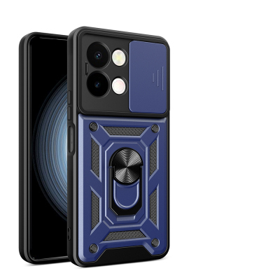 Vivo Y28 Kılıf Magnetik Standlı Kamera Korumalı Zore Sürgülü Vega Kapak Mavi