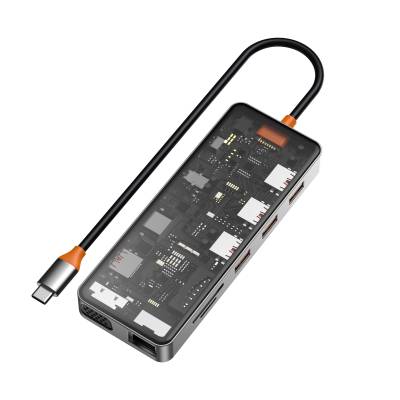 Wiwu CB011 Cyber 11 in 1 Type-C Hub 100W Charging Support Transparent Appearance SD Card-RJ45-Hdmi-VGA-Usb Duplicator Grey