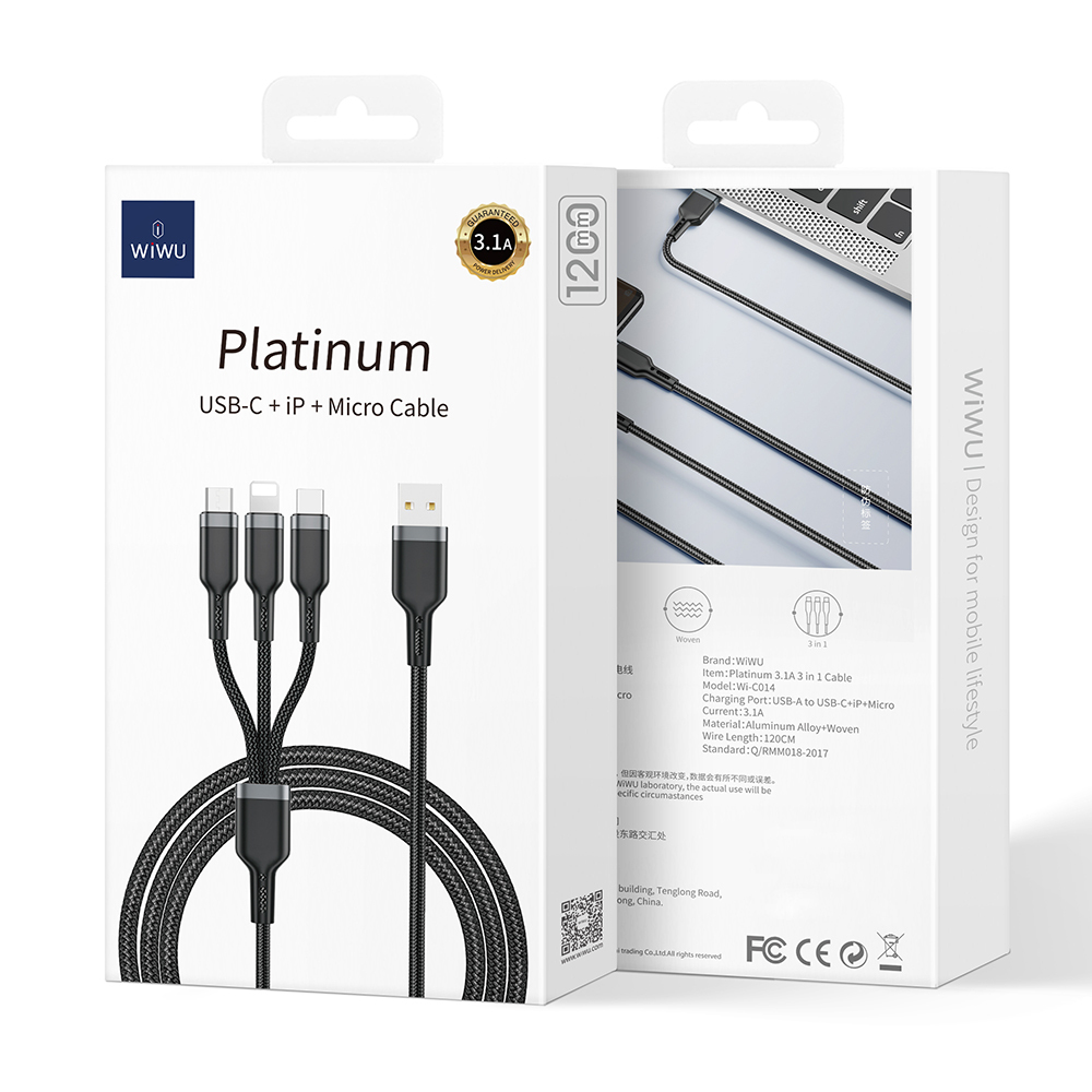 Wiwu Wi-C014 Platinum Serisi 3in1 USB-A to Lightning – Type-C – Micro Şarj ve Data Kablosu 3.1A 1.2m - 7