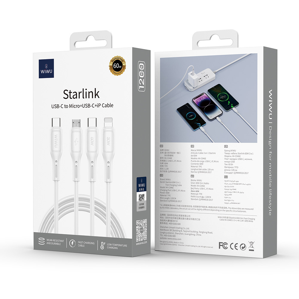 Wiwu Wi-C046E Starlink Serisi 3in1 USB-C to Lightning – Type-C – Micro Şarj ve Data Kablosu 60W 1.2M - 6