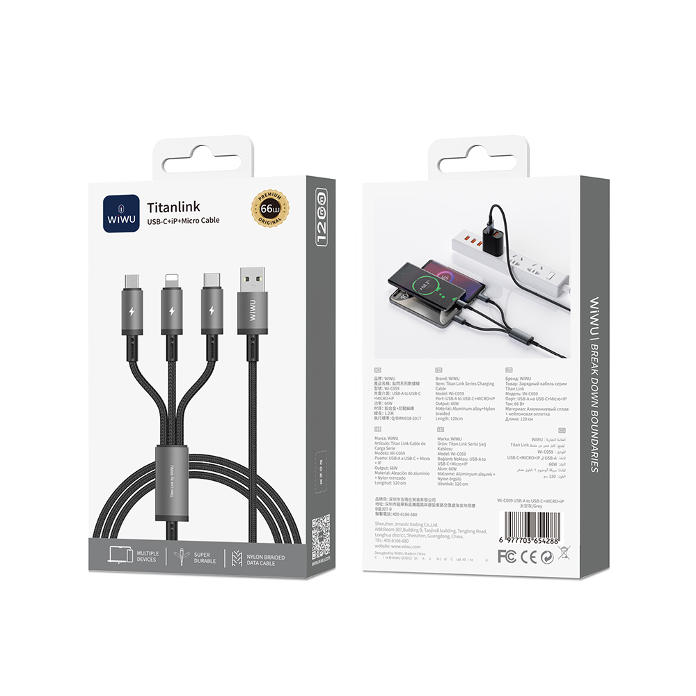 Wiwu Wi-C059 Titanlink Serisi 3in1 USB-A to Lightning – Type-C – Micro Örgülü Şarj ve Data Kablosu 66W 1.2m - 3