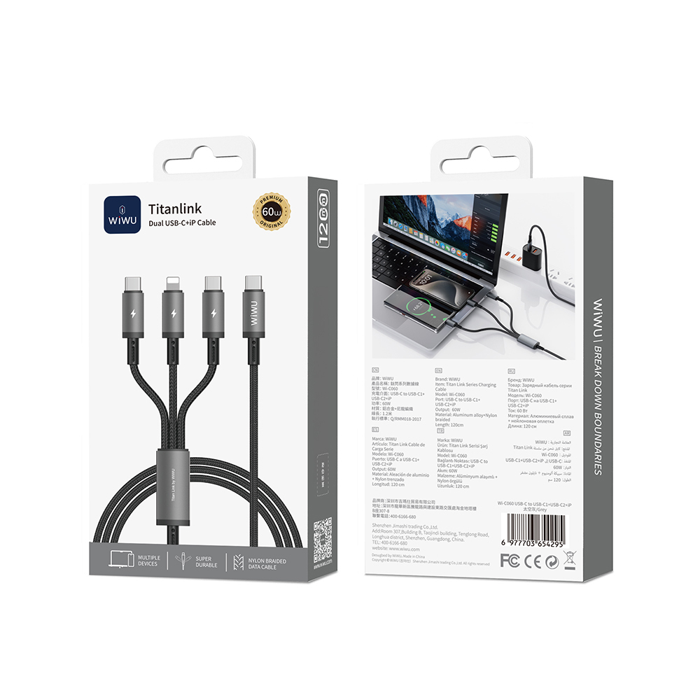 Wiwu Wi-C060 Titanlink Series 3in1 Type-C to Lightning – 2xType-C Braided Charging and Data PD Cable 60W 1.2m - 4
