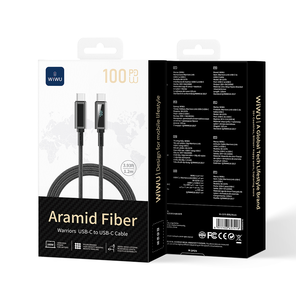 Wiwu Wi-C079 Warriors Serisi Aramid Fiber Dijital LED Göstergeli Type-C to Type-C PD Data ve Şarj Kablosu 100W 1.2M - 7