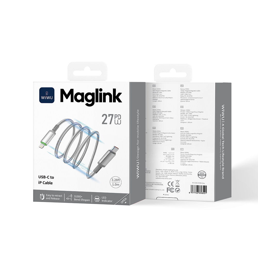 Wiwu Wi-C083 Maglink Series Illuminated Magnetic Type-C to Lightning PD Fast Charging Data and Charging Cable 27W 1M - 7