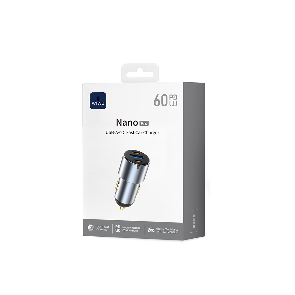 Wiwu Wi-CC032 Nano Pro Series Dual Type-C + USB-A Fast Charging Current Protection Car Charger PD AND QC3.0 60W - 9