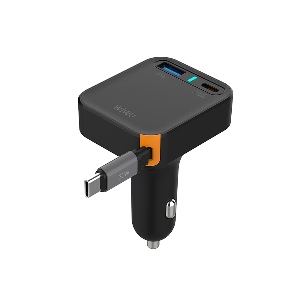 Wiwu Wi-CC033 Type-C + USB-A Fast Charging Car Charger with Current Protection and Built-in Cable 65W - 1