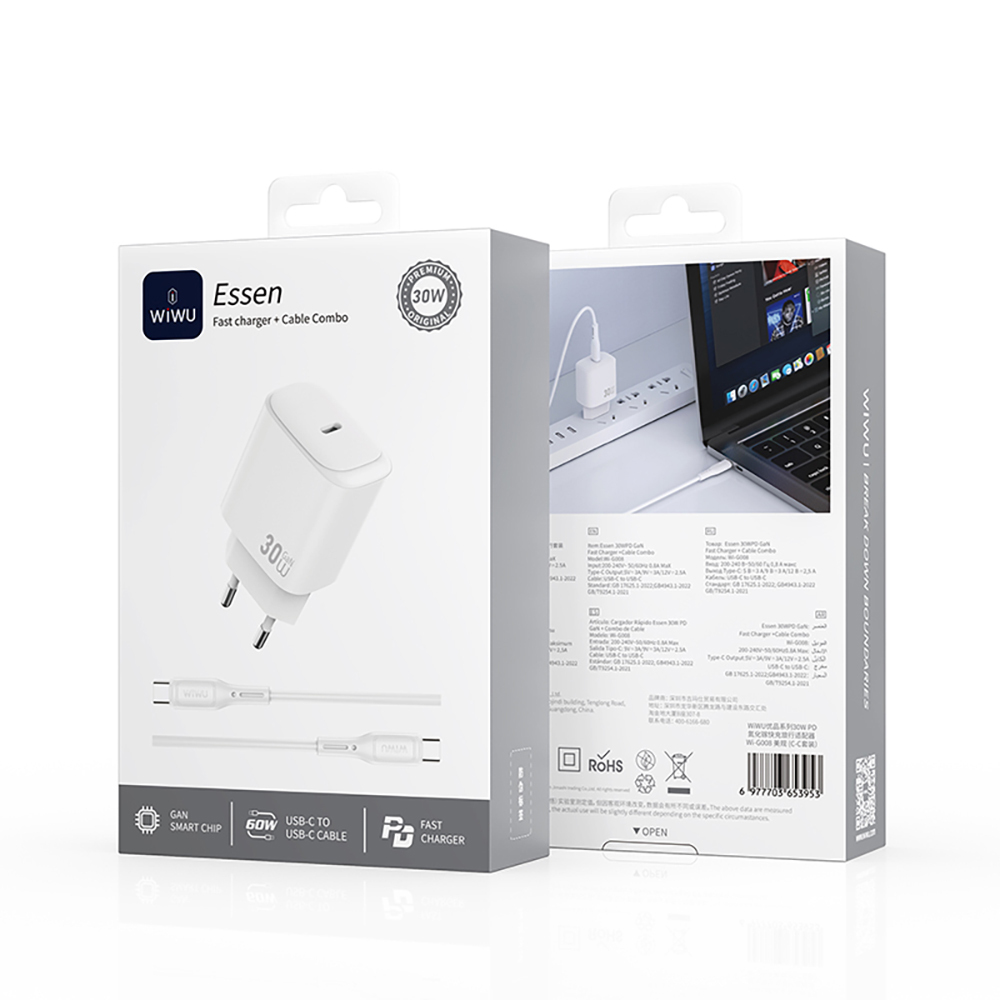 Wiwu Wi-G008 Essen Serisi GaN Tech PD Hızlı Şarj Başlığı Type-C to Type-C PD 30W Kablolu Şarj Seti - 14