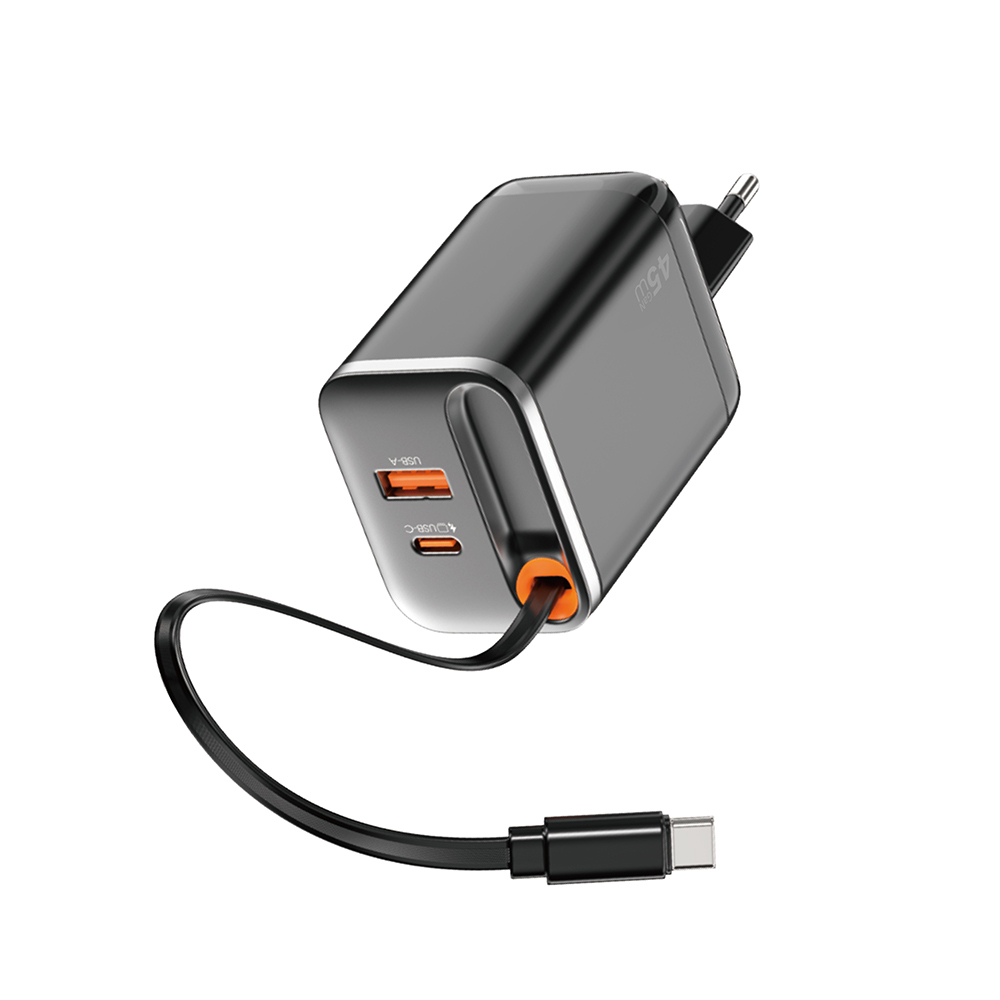 Wiwu Wi-G021 Helix Serisi GaN Teknolojili Hızlı Şarj Başlığı USB-A to Type-C PD 45W Type-C Kablolu Şarj Seti - 1