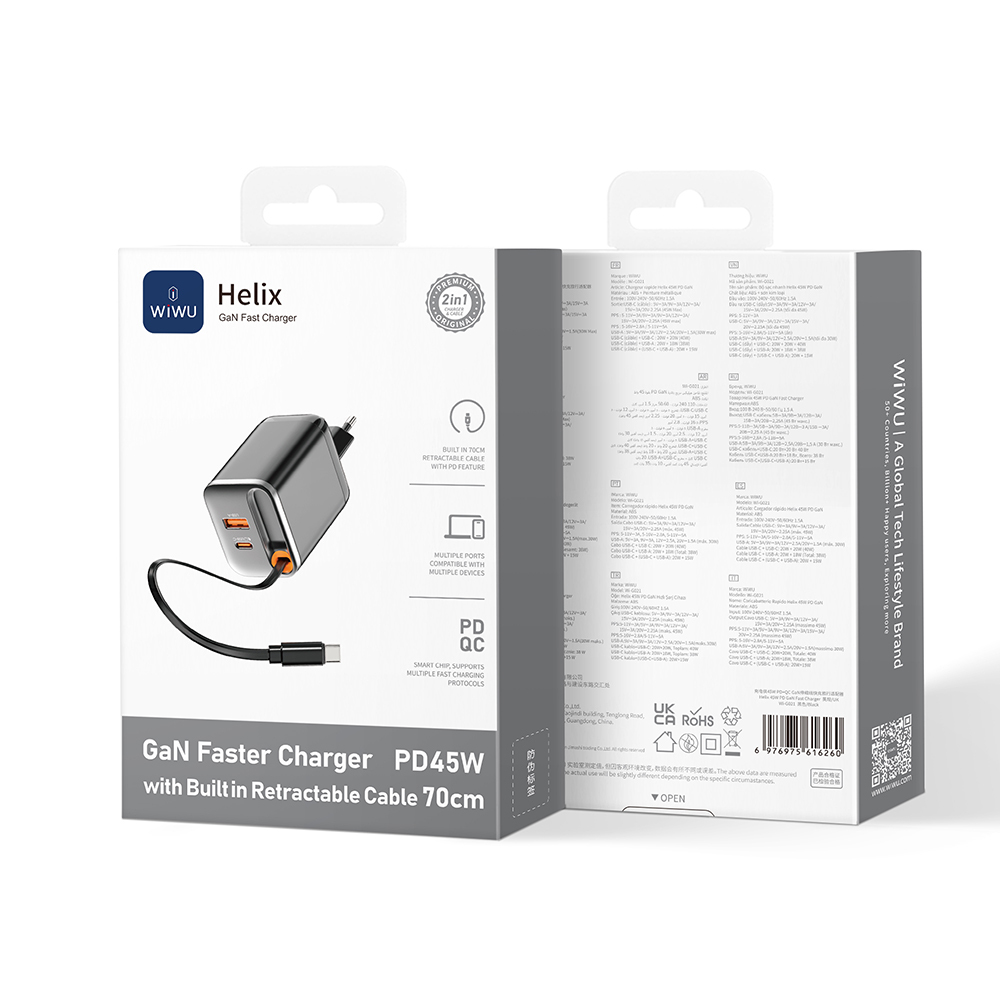 Wiwu Wi-G021 Helix Serisi GaN Teknolojili Hızlı Şarj Başlığı USB-A to Type-C PD 45W Type-C Kablolu Şarj Seti - 4