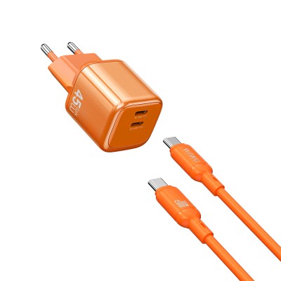Wiwu Wi-G025 Cube Series Type-C to Type-C GaN Tech Fast Charging Wired Charger Set 45W Orange
