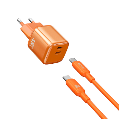 Wiwu Wi-G025 Cube Serisi Type-C to Type-C GaN Tech Hızlı Şarj Özellikli Kablolu Şarj Seti 45W Turuncu