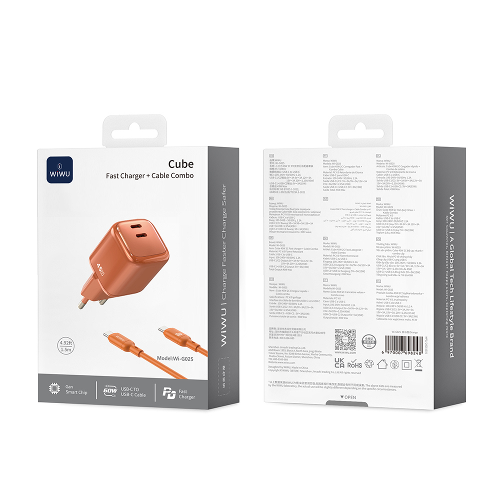 Wiwu Wi-G025 Cube Serisi Type-C to Type-C GaN Tech Hızlı Şarj Özellikli Kablolu Şarj Seti 47W - 5