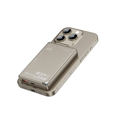 Wiwu Wi-P020 Ultra-Thin Explore Serisi Led Göstergeli Wireless Magsafe Powerbank 15W 10000mAh Titanyum-Gold