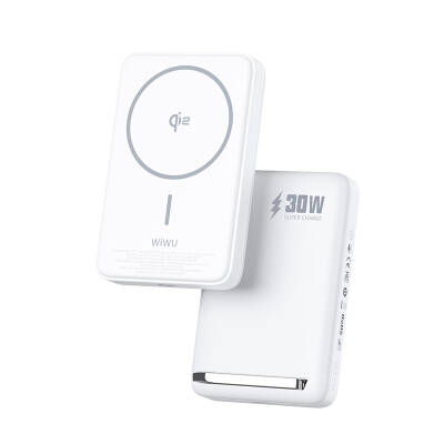 Wiwu Wi-P031 Qi2 Şarj Teknolojili LED Işık Göstergeli Standlı 30W Taşınabilir Magsafe Wireless Powerbank 10.000mAh Beyaz