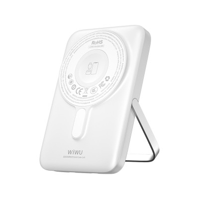 Wiwu Wi-P077 Pionner Serisi Taşınabilir Wireless Şarj ve PD 20W Hızlı Şarj Özellikli Standlı Powerbank 15W 10000mAh Beyaz
