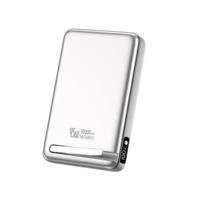 Wiwu Wi-P090 Mag Pro Serisi Qi2 Şarj Teknolojili Standlı 45W Taşınabilir M-safe Wireless Powerbank 10.000mAh Gümüş