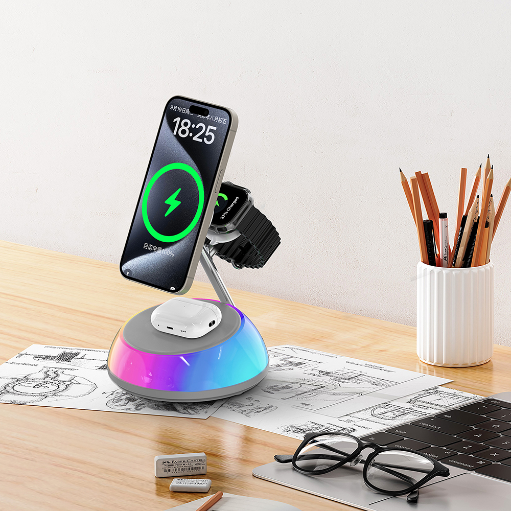 Wiwu Wi-W036 Qi2 3 in 1 Magnetik Hızlı Şarj Özellikli Ambiyans Işıklı Kablosuz Şarj Standı 15W - 8