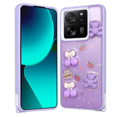 Xiaomi Mi 13T Kılıf Parlayan Simli Kabartma Figürlü Zore Cevze Kapak Mor Ayı